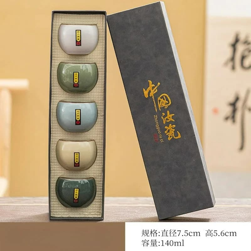 1 Set of 5 Ru Kiln Ceramic Tea Cups Home Master Cups Tea Bowls Kung Fu Tea Sets Gift Box Set